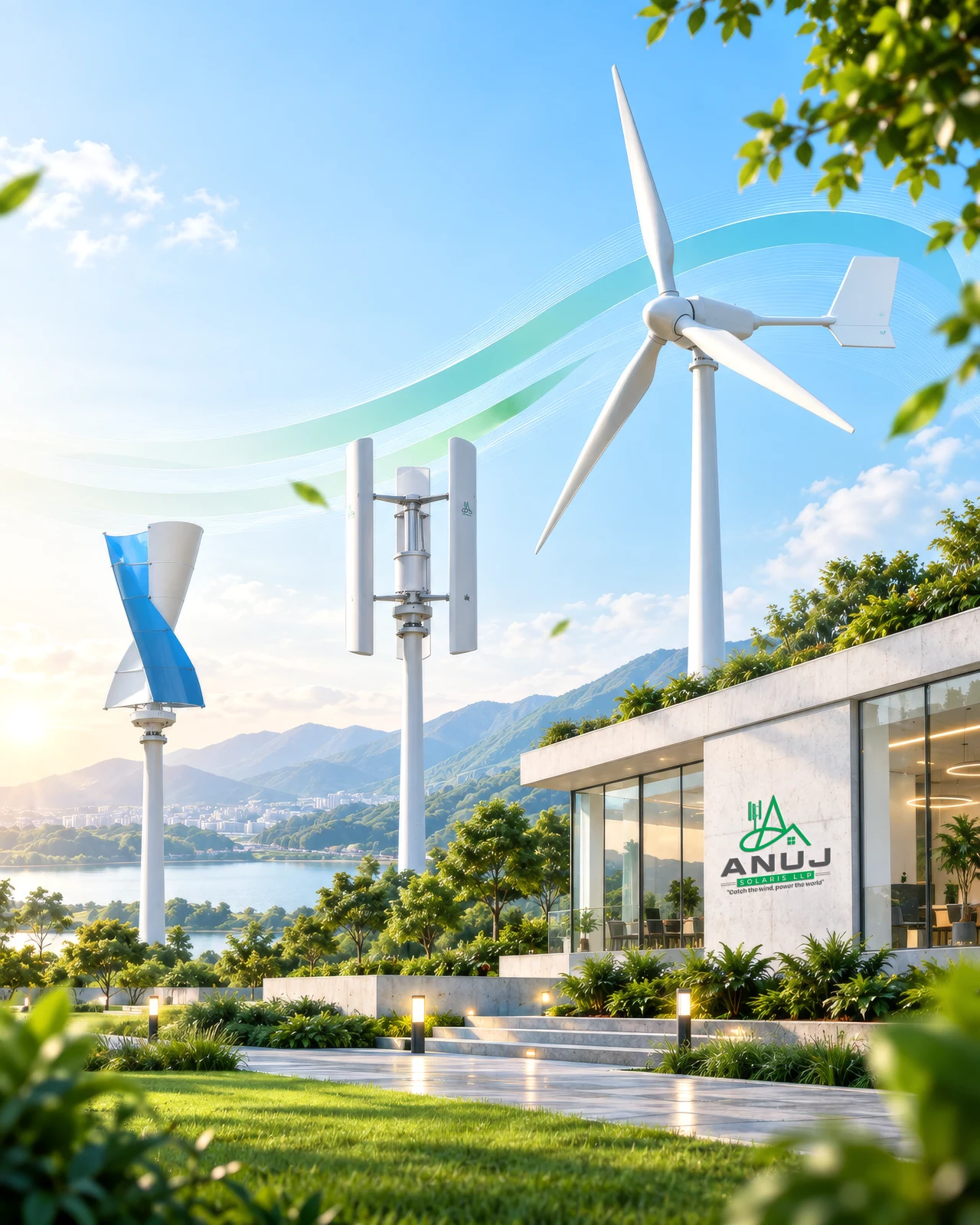 Wind turbine concept showing horizontal and vertical-axis turbines in a landscaped setting