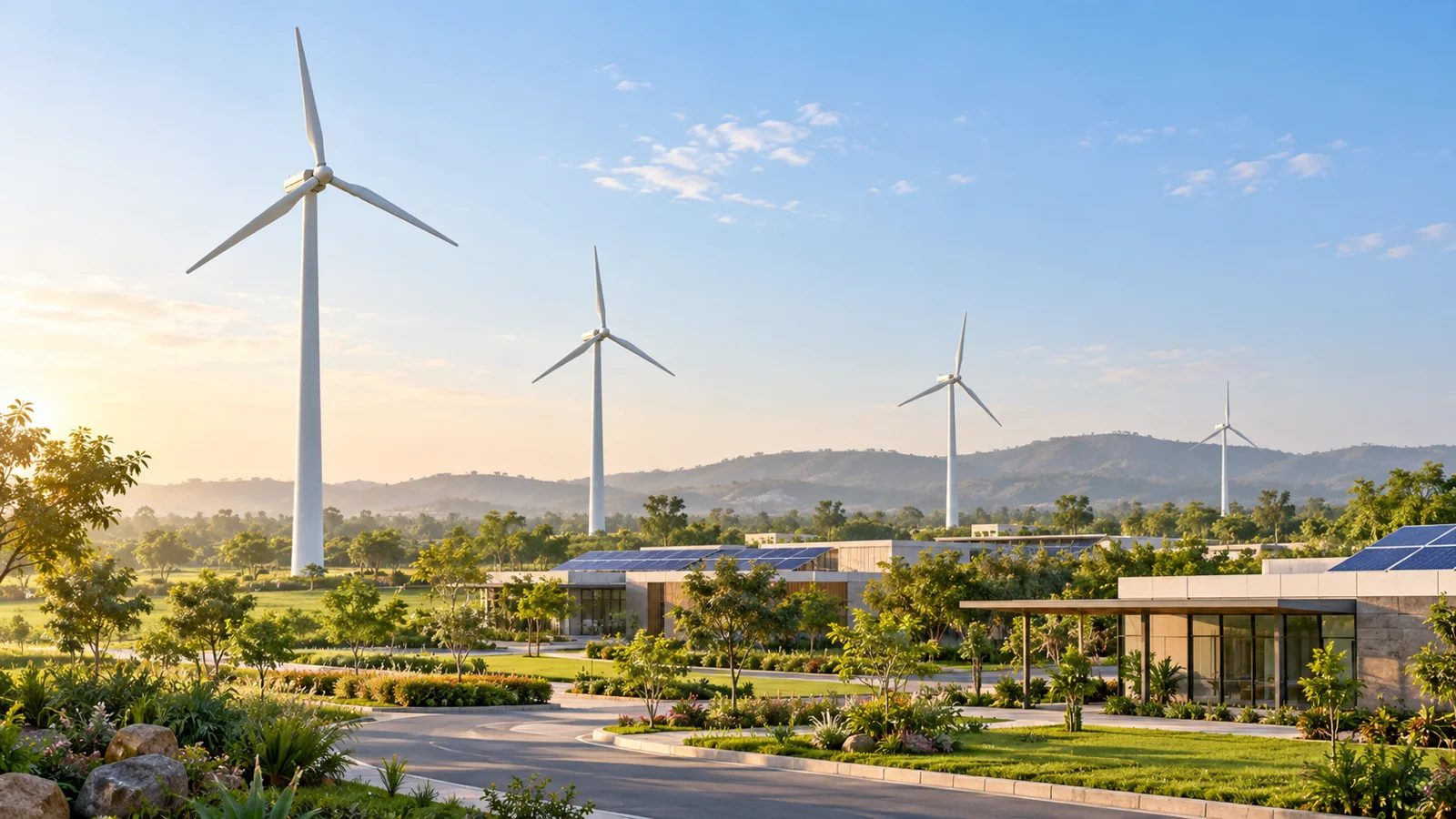Concept of a modern renewable energy campus with wind turbines
